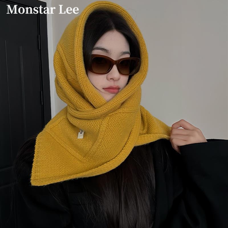 Monstar Lee羊毛帽子围巾一体女秋冬季套头帽保暖连帽围脖包头帽