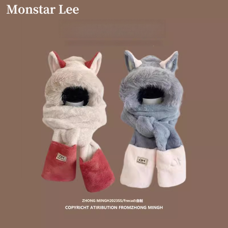 Monstar Lee耳朵帽子围巾手套三合一保暖毛茸滑雪围巾加厚三件套