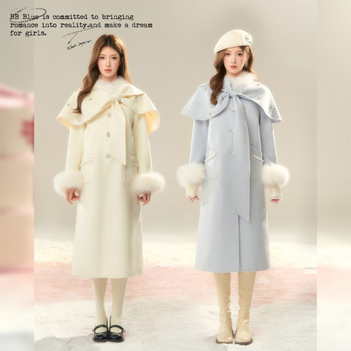 BBBLUE/蓝调时刻/法式披肩设计羊毛冬季新款气质千金感手工呢大衣