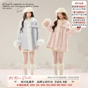 25新定染色100%全羊毛真狐狸毛超好看毛呢外套 雪国千金 BLUE