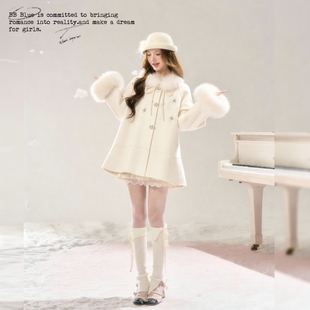 BB BLUE/绒钻千金/精致宫廷风钉珠狐狸毛领公主风双面呢A字大衣