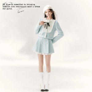 BB BLUE 原创设计 蓝白山茶花千金学院风套装 蓝色定制千金高级感