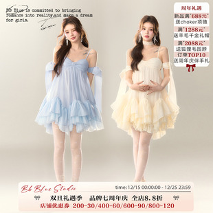 蓝色海边度假连衣裙精致缎面法式 海盐珍珠 高级感公主裙 BLUE