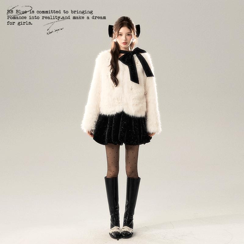 BBBLUE蝴蝶结毛毛皮草外套