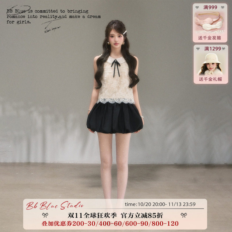 BBBLUE原创设计/法式千金/法式小资娃娃领蕾丝上衣花苞短裙套装女