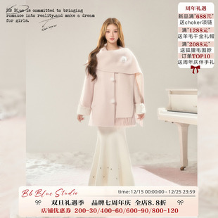 2025年新款 粉雪围巾大衣 围巾气质千金氛围感短呢子外套 BLUE