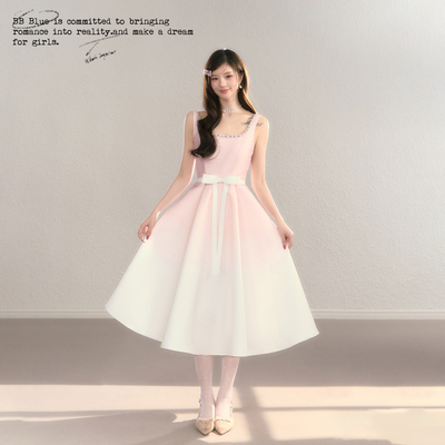 BB BLUE/粉白落樱/法式甜美气质收腰无袖渐变高级感中长礼裙女