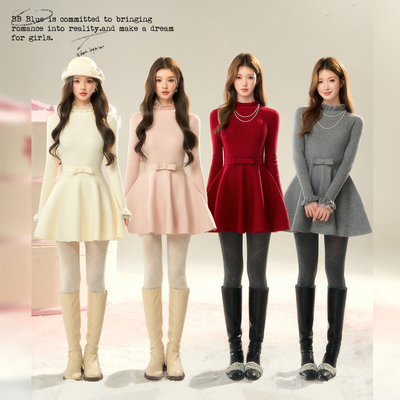 BBBLUE/芭蕾公主/花边高领针织伞摆秋冬高级感气质a字打底连衣裙