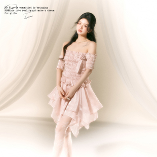 温柔系芭蕾风一字肩缎面连衣裙女夏小众仙女裙子 BLUE原创设计