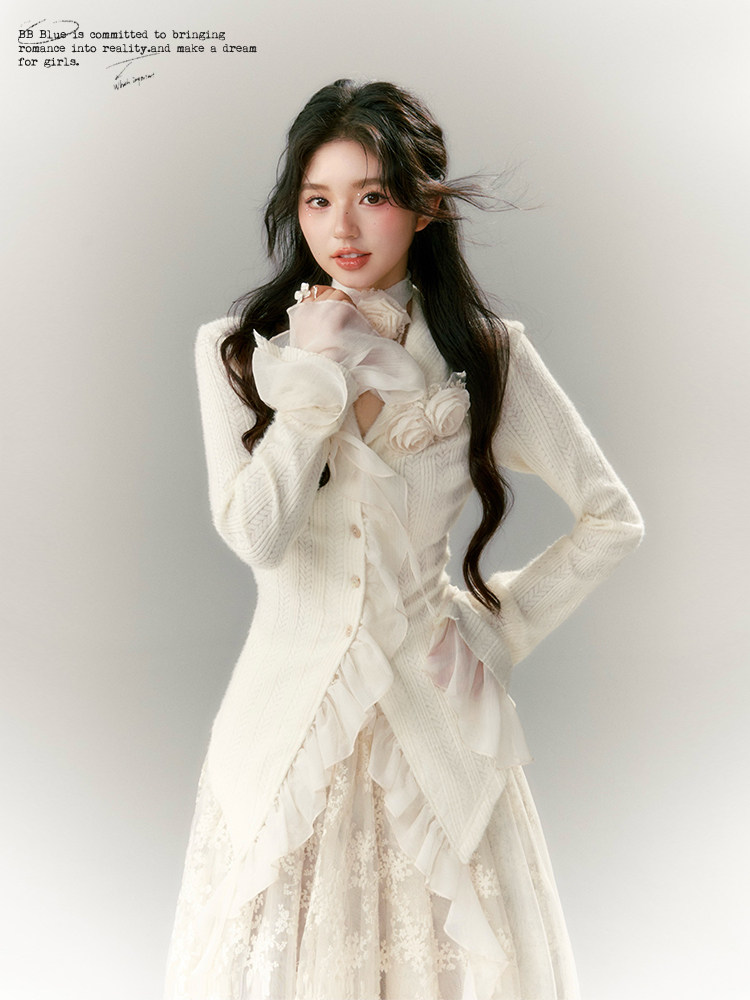 BB BLUE 原创设计 法式干枯玫瑰毛衣外套女冬季针织开衫小众温柔