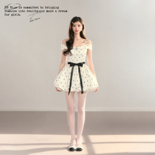 波点法式 巨好看 公主一字肩设计感气质连衣裙女 波点泡芙 BBBLUE