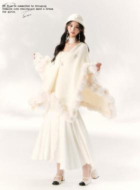 BB BLUE 原创设计 九尾狐毛球针织斗篷 冬季流行高级感慵懒风斗篷