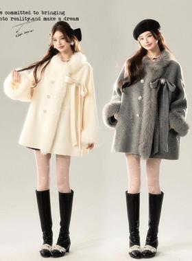 BB BLUE 原创设计 雪国千金真狐狸毛羊毛 白色灰色毛呢短款外套