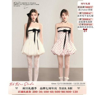 月光泡芙巨好看波点缎面公主抹胸裙高级感设计蓬蓬连衣裙 BLUE