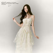 BLUE 原创设计 法式 抹胸连衣裙小众party轻礼服蕾丝罩裙子套装