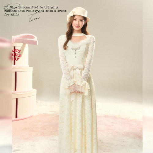 BBBLUE/雪绒蕾丝/法式蕾丝芭蕾纯欲千金风蓬松蛋糕大裙摆连衣裙女