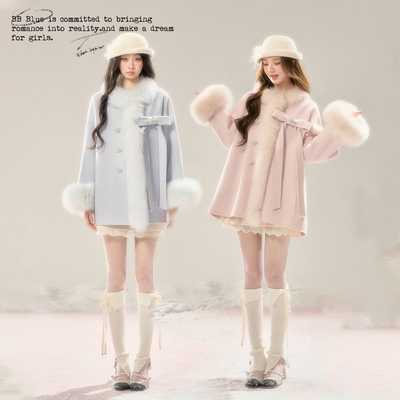 BB BLUE/雪国千金/25新定染色100%全羊毛真狐狸毛超好看毛呢外套