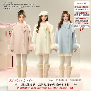 真狐狸毛100全羊毛大蝴蝶结高级感双面呢外套 苏黎世初雪 BLUE