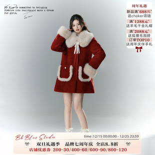 中长款 新年圣诞皮草毛毛外套女秋冬季 原创设计 斗篷大衣 BLUE