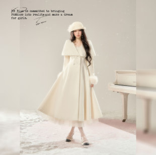 BB BLUE/月光手书/双面呢羊毛大衣白色新款氛围感披肩大衣含围脖