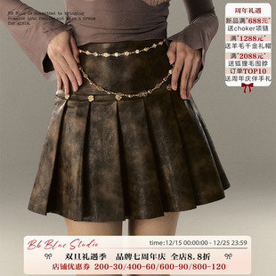 美拉德穿搭a字百褶半身短裙女秋冬季 原创设计 做旧皮裙子 BLUE