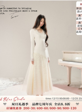 BB BLUE/月下舞步/蕾丝鱼尾网纱连衣裙秋冬收腰显瘦百搭修身高级