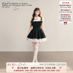 赫本风蕾丝蓬蓬连衣裙 露思小黑裙巨好看气质收腰显瘦法式 BLUE