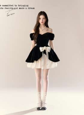 BB BLUE/黯夜序曲早秋高级感巨好看法式连衣裙丝绒宴会精致小礼裙