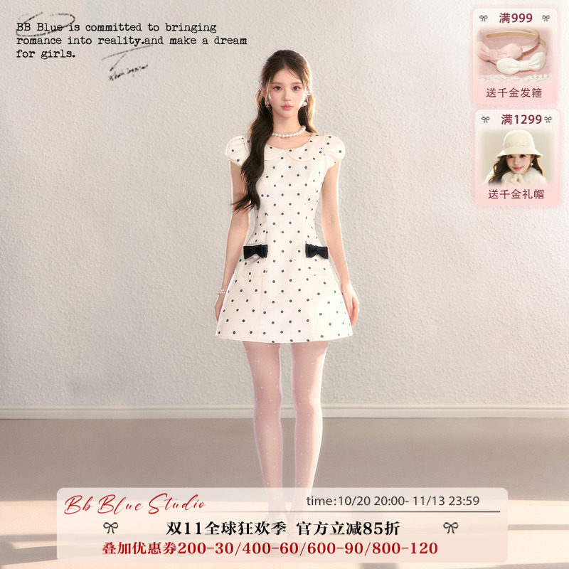 BBBLUE/miu系千金/米白黑波点法式优雅娃娃领收腰显瘦A字连衣裙女