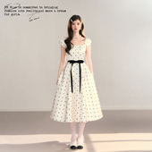 气质优雅波点有袖 法式 心动波点 设计感收腰显瘦A字连衣裙 BLUE