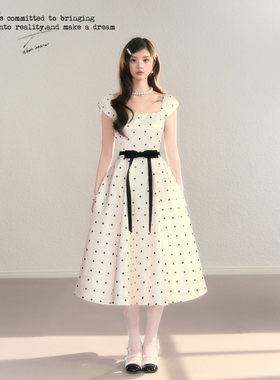 BB BLUE/心动波点/法式气质优雅波点有袖设计感收腰显瘦A字连衣裙