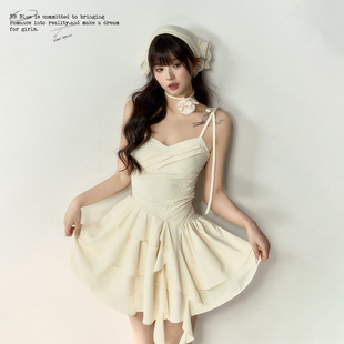 芭蕾风交襟吊带收腰连衣裙春季 原创设计 小众花苞裙子 BLUE