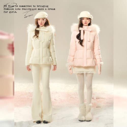 BBBLUE/羽绒腰精/少女感韩系90白鸭绒毛领连帽款收腰显瘦羽绒服女