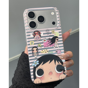 韩系ins条纹可爱拼贴小玉适用苹果17promax手机壳iphone16pro新款15卡通14高级感13少女心17全包防摔保护套软
