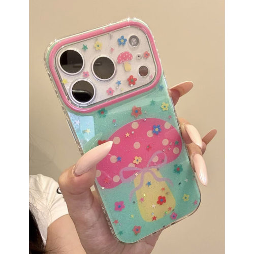 韩系绿底闪闪花朵蘑菇全包防摔壳