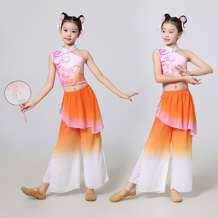古典舞蹈演出服女钱鼓舞春嬉舞蹈服套装儿童艺考群舞演出服中国风