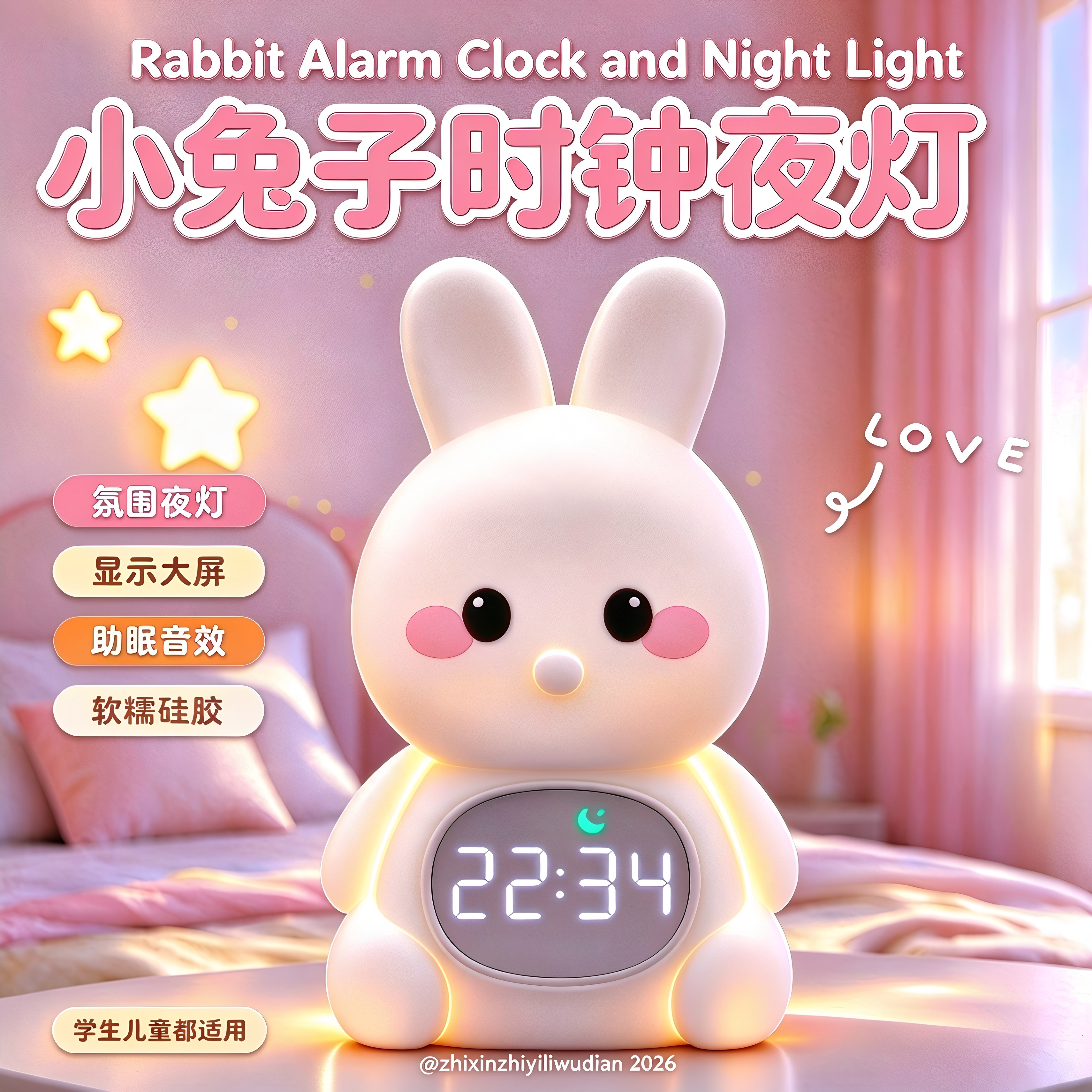 可爱兔子闹钟小夜灯生日礼物实用