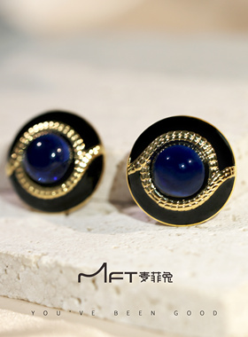 蓝眼泪耳钉中古风蓝色复古名媛风耳钉低调奢华耳环时尚百搭