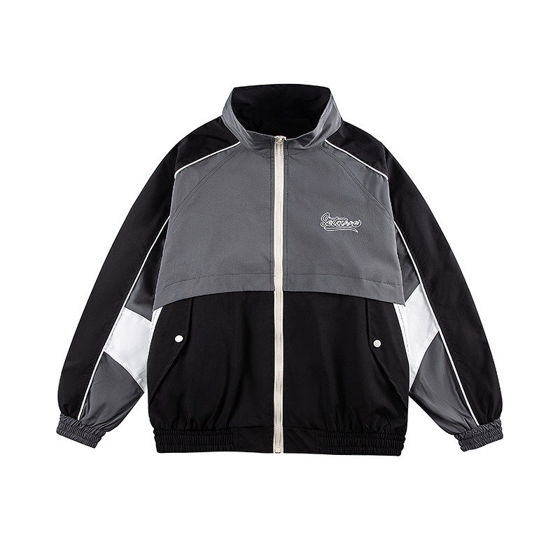美式复古撞色立领夹克男春秋宽松休闲运动服外套青少年学院风上衣