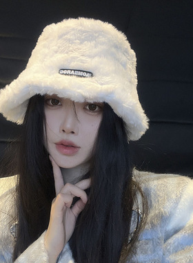 兔毛渔夫帽女潮秋冬新款毛绒帽子保暖百搭大头围盆帽水桶帽显脸小