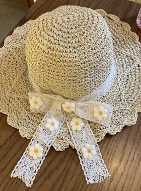 蕾丝小雏菊飘带草帽大檐草帽女旅游穿搭春夏遮阳防晒帽子镂空帽子