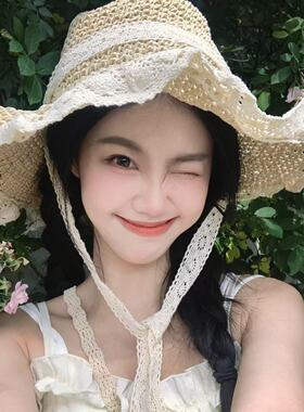 草帽ins系带镂空草编帽女夏出游防晒沙滩海边太阳帽蕾丝边遮阳帽