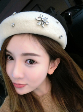 贝雷帽女秋冬季新款水钻羊毛呢帽子时尚百搭英伦复古韩版画家帽潮