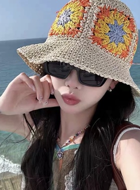 出游度假休闲防晒帽女夏季波西米亚风大檐手工草帽透气花朵渔夫帽