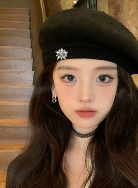 欧美时尚镶钻雪花贝雷帽子女秋冬休闲防寒保暖云朵帽英伦风画家帽