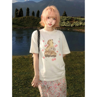 小狗樱桃印花宽松显瘦休闲上衣 T恤女夏季 大码 胖mm卡通可爱风短袖