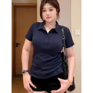 胖mm掐腰显瘦开叉上衣 大码 女装 polo领灰色掐腰正肩短袖 t恤女夏季
