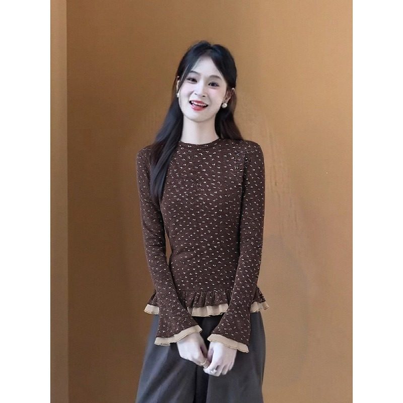 大码咖色碎花荷叶边假两件长袖t恤女秋冬绝美修身内搭打底衫上衣,女装/女士精品,大码内搭,淘宝优惠券,粉丝福利购,淘宝优惠卷