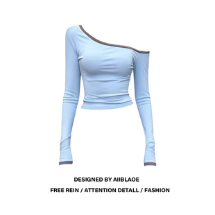 设计感短款 T恤女辣妹显瘦修身 打底上衣 胖mm复古撞色斜肩长袖 大码