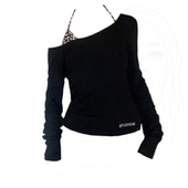 蕾丝拼接不对称收腰一字领斜肩两穿针织衫 大码 女装 假两件套上衣秋